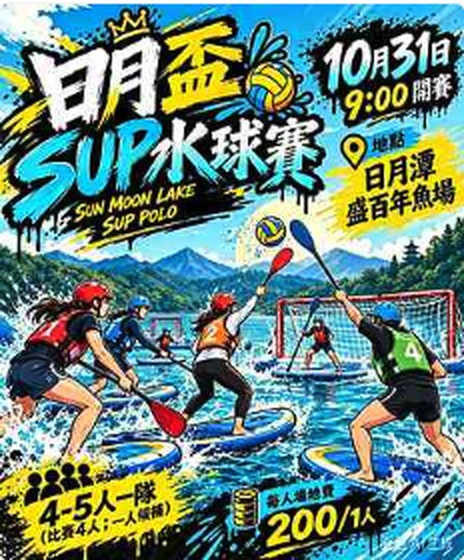 日月盃 SUP 水球賽海報:10 月 31 日 9:00 開賽,日月潭盛百年魚場